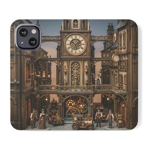 May include: A phone case featuring a detailed illustration of a multi-story clock tower building with exposed gears, balconies, and small figures in period clothing. The scene includes vintage-style vehicles and warm lighting in a brown tone.