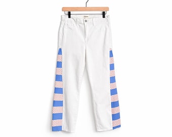 Upcycled White Denim Jeans, Americana Patchwork Side Panels, Boho Statement Pants