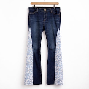 Upcycled Denim Jeans Women | Blue White Panel Boho Pants | Minimal Patchwork Textiles