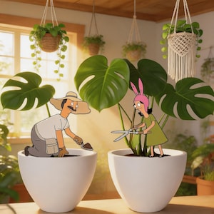 Puede incluir: Dos personajes de dibujos animados cuidando grandes plantas monstera verdes en macetas de cerámica blancas. Uno lleva un sombrero de paja y usa una paleta de mano, mientras que el otro lleva un gorro de orejas de conejo y usa tijeras de podar.