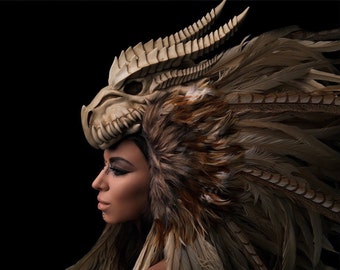 MADE TO ORDER Dragon Warrior feather mohawk headdress headpiece tribal fantasy Larp cosplay