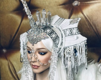 MADE TO ORDER Celestial Unicorn white rhinestone beaded headdress headpiece