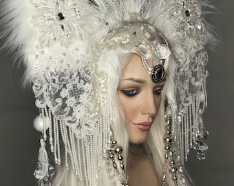 MADE TO ORDER Goddess of Snow Headdress princess queen white ice Fantasy Free shipping