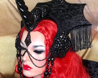 MADE TO ORDER Gothicorn black fringe beaded headdress headpiece