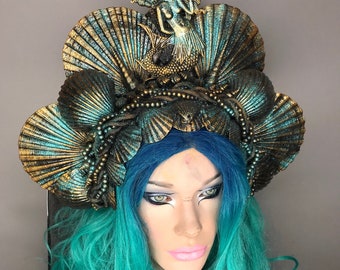 MADE TO ORDER teal gold mermaid queen siren goddess headpiece headdress