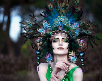 MADE TO ORDER Peacock Fantasy Woodland fairy nymph goddess headdress headpiece gaga steampunk burlesque costume