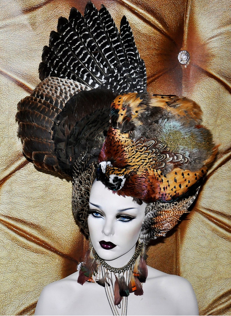 MADE TO ORDER Stunning Artistic Bird Wing Burgundy browns beaded gothic tribal gypsy drape coque headdress headpeice wig image 2