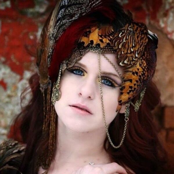 READY TO SHIP  Birds of a Feather Stone jewelry Fantasy headdress headpiece wig lady Amherst pheasant gold