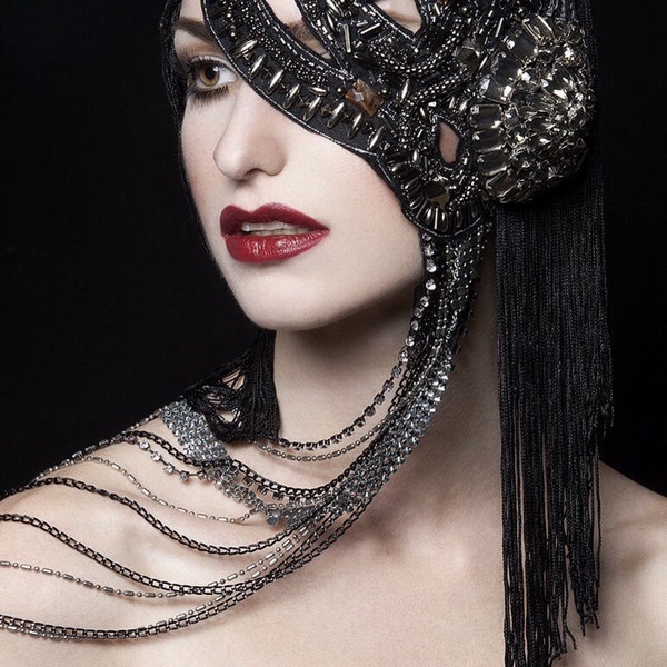 MADE TO ORDER Couture mask rhinestone studded beaded chain headpiece headdress vampire goth Nior