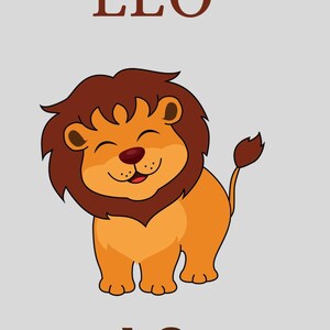 May include: A cartoon lion illustration with a brown mane, tail, and a red nose, smiling on a light grey background. The word "LEO" is above the lion, and a word in a different language is below it. The lion is orange and brown.