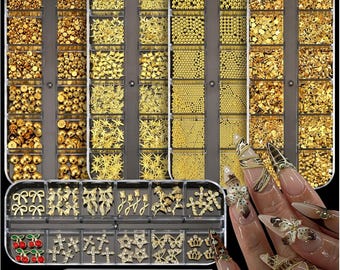 5 Boxes Gold Nail Charms & Gems Kit, DIY 3D Nail Decorations for Nail Art Design, Luxury Gold Nail Accessories for Acrylic Gel Nails