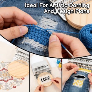 May include: A close-up of various darning tools and projects. The image shows a blue woven patch on denim, a wooden loom with the word "LOVE" stitched on it, and a wooden loom with a floral design.