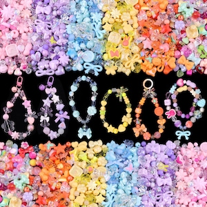 Assorted Acrylic Beads, 400-450PCS 6 Colors Series Cute Beads for Bracelet Making, Bow Flower GummyBear Kawaii Charms, Aesthetic Bead