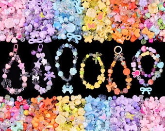 Assorted Acrylic Beads, 400-450PCS 6 Colors Series Cute Beads for Bracelet Making, Bow Flower GummyBear Kawaii Charms, Aesthetic Bead