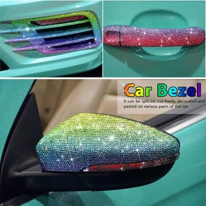 May include: A set of adhesive car trim strips covered in a sparkling, multi-colored rhinestone gradient that transitions from lime green to blue and purple. The strips are shown applied to a car bumper, door handle, and side mirror housing.