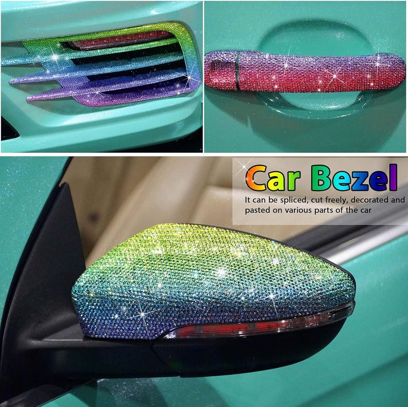 May include: A set of adhesive car trim strips covered in a sparkling, multi-colored rhinestone gradient that transitions from lime green to blue and purple. The strips are shown applied to a car bumper, door handle, and side mirror housing.