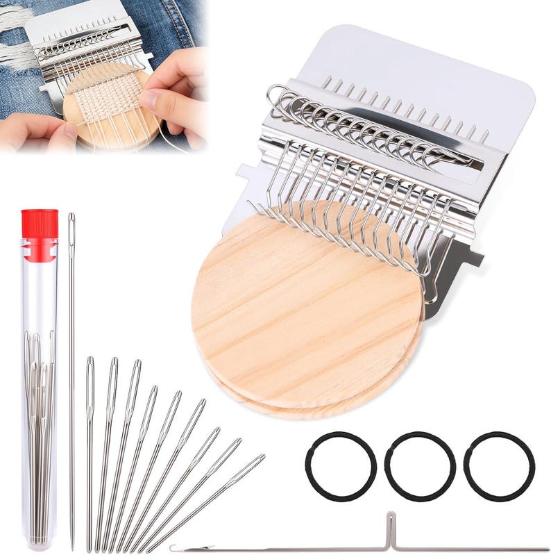 May include: A weaving loom kit with a metal frame, wooden circular bases, and needles. The kit includes a clear tube with needles, a metal hook, and three black rubber bands. The loom is shown in use with white thread.