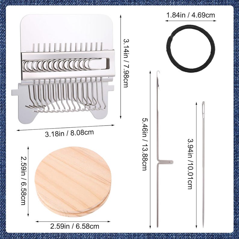 May include: A collection of craft tools, including a metal weaving loom (3.18in/8.08cm), two wooden circles (2.59in/6.58cm), a black rubber ring (1.84in/4.69cm), a crochet hook (5.46in/13.88cm), and a needle (3.94in/10.01cm).