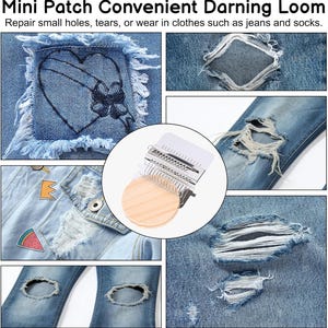 May include: A mini patch darning loom with the text "Mini Patch Convenient Darning Loom" and "Repair small holes, tears, or wear in clothes such as jeans and socks." The image shows the loom and examples of denim repair.
