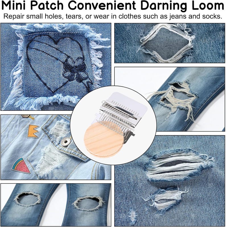 May include: A mini patch darning loom with the text "Mini Patch Convenient Darning Loom" and "Repair small holes, tears, or wear in clothes such as jeans and socks." The image shows the loom and examples of denim repair.