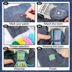May include: A step-by-step guide to repairing denim. The images show marking the patch, attaching the loom, thread selection, warping the loom, weaving, and finishing. The process uses a loom and colorful threads to mend the fabric.