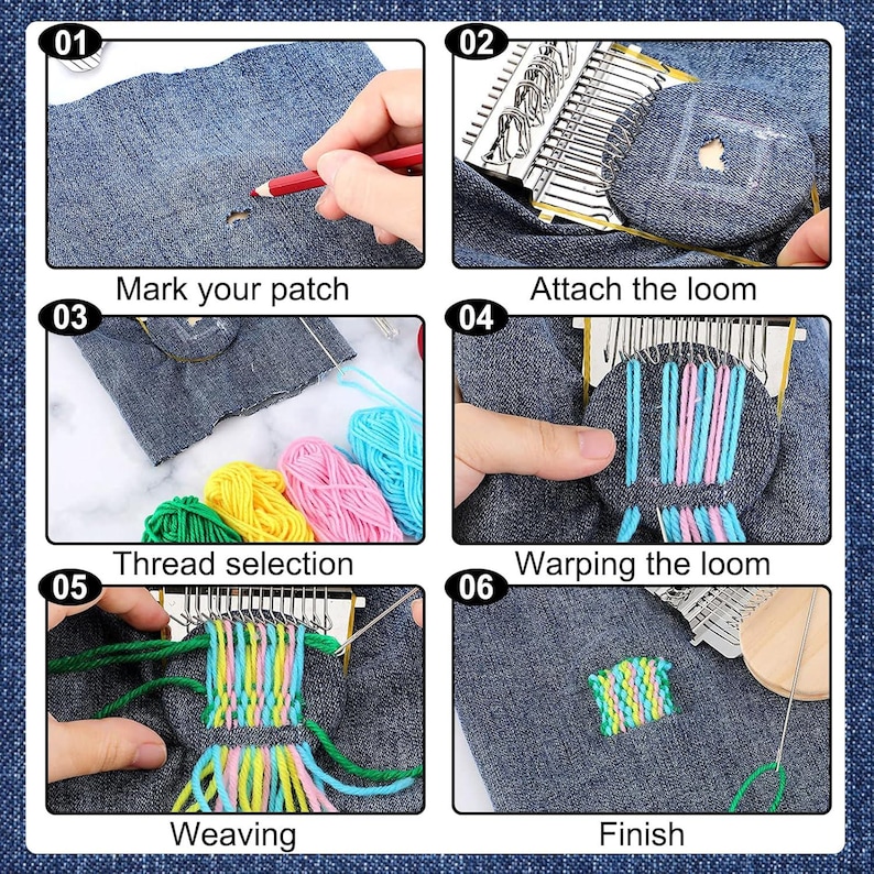 May include: A step-by-step guide to repairing denim. The images show marking the patch, attaching the loom, thread selection, warping the loom, weaving, and finishing. The process uses a loom and colorful threads to mend the fabric.