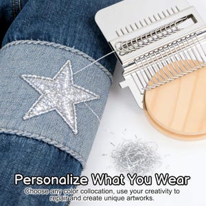 May include: Close-up of a denim jacket sleeve with a silver star patch. A metal weaving tool and a pile of silver thread are next to the jacket. Text reads "Personalize What You Wear".