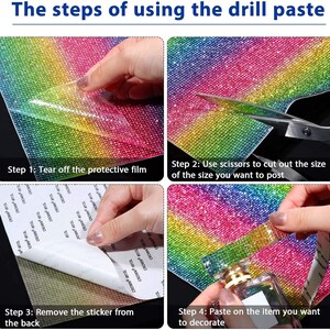 May include: A four-step instructional guide for using rainbow-colored rhinestone drill paste. The images show peeling a protective film, cutting the sheet with scissors, removing the adhesive backing, and applying the sparkly material to a glass bottle.