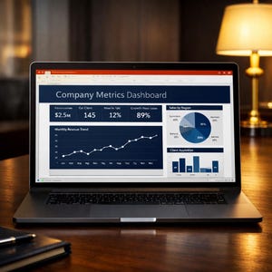 Può includere: Un laptop che mostra un "Dashboard delle metriche aziendali" con dati finanziari, tra cui entrate, numero di clienti e percentuali di crescita. Lo schermo mostra grafici, tra cui un grafico a torta e un grafico a linee, su una scrivania di legno.