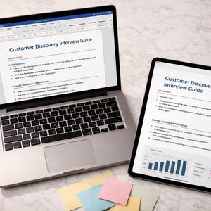 May include: A laptop and tablet displaying a "Customer Discovery Interview Guide" document. A smartphone, pen, and sticky notes are also on the marble surface. The laptop is open, and the tablet shows a bar graph.