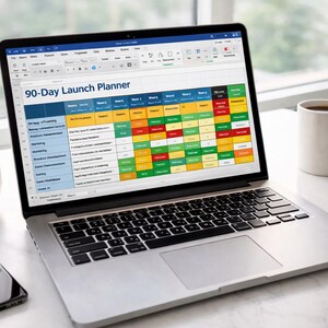 May include: An open laptop showing a 90-Day Launch Planner spreadsheet with a colourful grid. A small potted succulent, a smartphone, and a white coffee mug are on the white table. The laptop is open, displaying the spreadsheet.