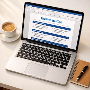May include: A laptop displaying a "Business Plan" document, with a cup of coffee and a notepad with a pen. The document includes sections for Executive Summary, Market & Analysis, and Marketing Strategy. The laptop is open on a white surface.