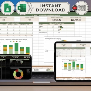 May include: A laptop, tablet, and smartphone display a spreadsheet with data visualizations and the text "IT ASSET & LICENSE COMMAND CENTER" and "INSTANT DOWNLOAD". The image includes icons for Excel and a YouTube tutorial.