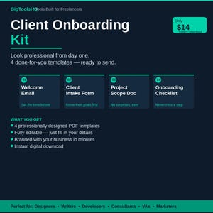 Pode incluir: Gráfico azul escuro que promove um "Kit de integração do cliente" com o texto "Look professional from day one." Inclui quatro modelos: e-mail de boas-vindas, formulário de admissão do cliente, documento de escopo do projeto e lista de verificação de integração.