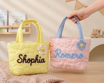 Personalized Quilted Name Handbag, Custom Embroidered Nylon Tote Bag, Kids Gift
