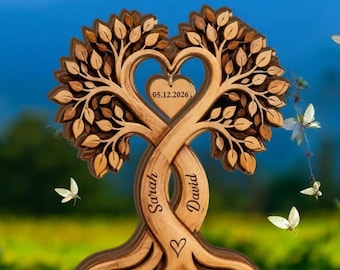 Personalized Couple Heart Tree Wooden Block, Custom Engraved Names Sign, Rustic Anniversary Gift