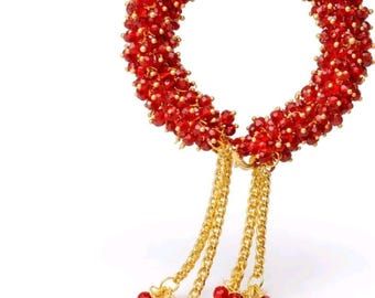 Handmade Red Crystal Bracelet with Gold Tassel Chain – Adjustable Fashion Jewelry