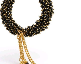 Black Crystal Beaded Bracelet with Gold Chain Tassel – Handmade Adjustable Fashion Jewelry