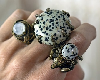 Dalmatian jasper and moonstone rings /// create your stack