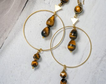 TIGERS EYE HOOPS /// Statement gemstone earrings, festival jewelry, bohemian earrings