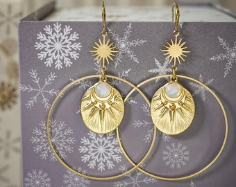 CORA MOONSTONE HOOPS /// Moonstone or Aqua Chalcedony earrings