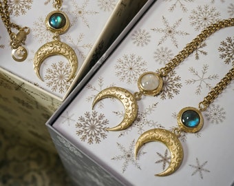 Diana Moonlight Pendant, gold layering necklace moonstone or labradorite moon pendant