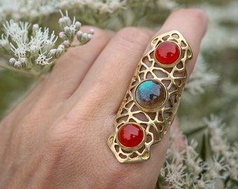 Lattice labradorite ring + Carnelian