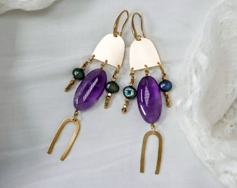 AMETHYST PEARL DANGLES /// Statement gemstone earrings, festival jewelry, bohemian earrings