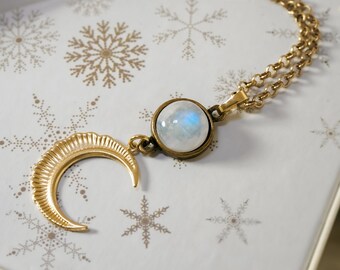 Ciondolo SELENE MOONSTONE CRYSTAL, collana a strati d'oro, ciondolo lunare in pietra di luna