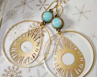 OPALITE SUNBURST HOOPS /// gold hoops, opalite earrings