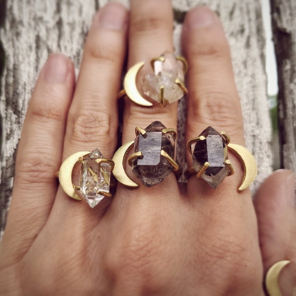 CELESTIAL RING HERKIMER Diamanten ring, fijne boho-sieraden, maanring past 6 tot 9