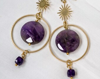 FACETED AMETHYST HOOPS /// Statement gemstone earrings, festival jewelry, bohemian earrings