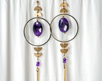 LINEAR AMETHYST HOOP Drops /// Statement gemstone earrings, festival jewelry, bohemian earrings