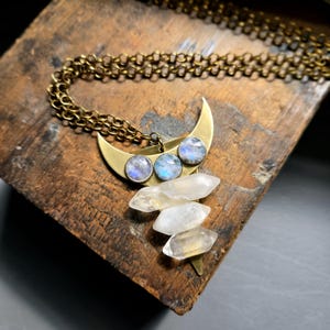 TRIO MOONSTONE + QUARTZ Pendant  /// 6 stone geode necklace